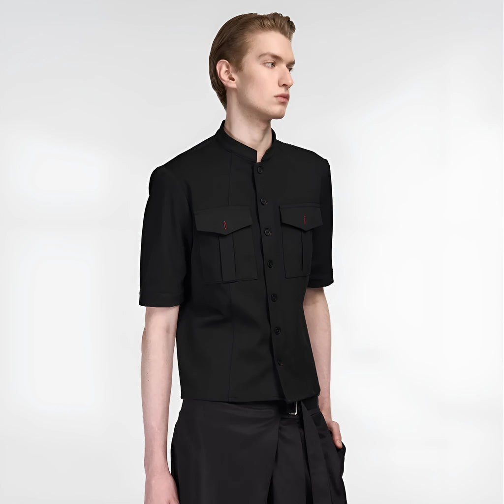 Handmade black half-sleeve hunting shirt with shirt collar and single-breasted placket