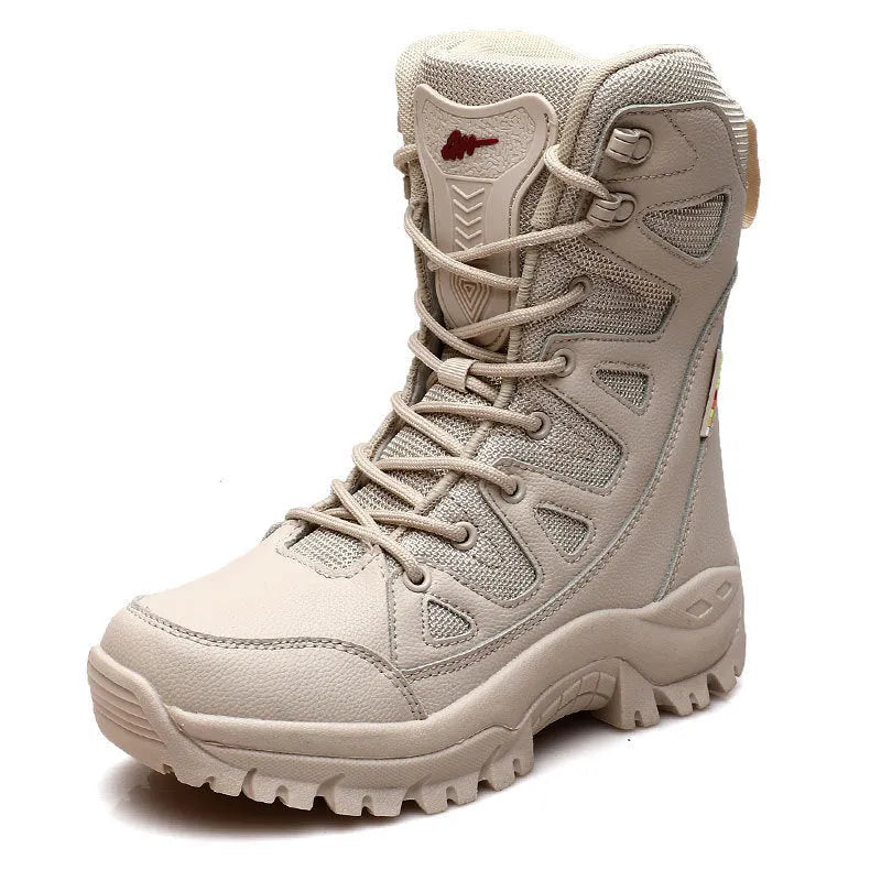 Men's black cowhide hi-top hiking shoes with platform sole for outdoor running and camping