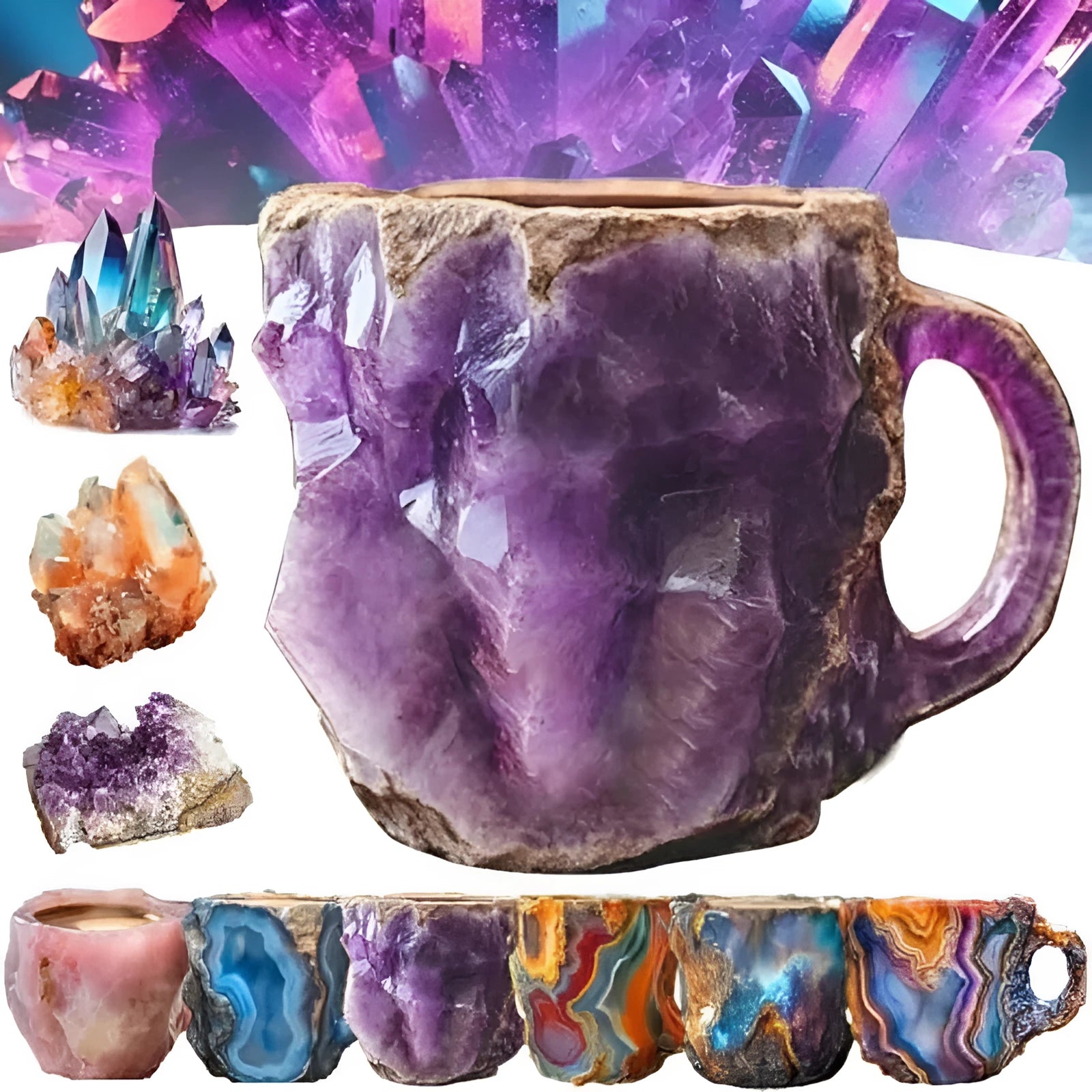 Clear resin coffee mug with handle showing internal crystal structure, 400ml capacity.