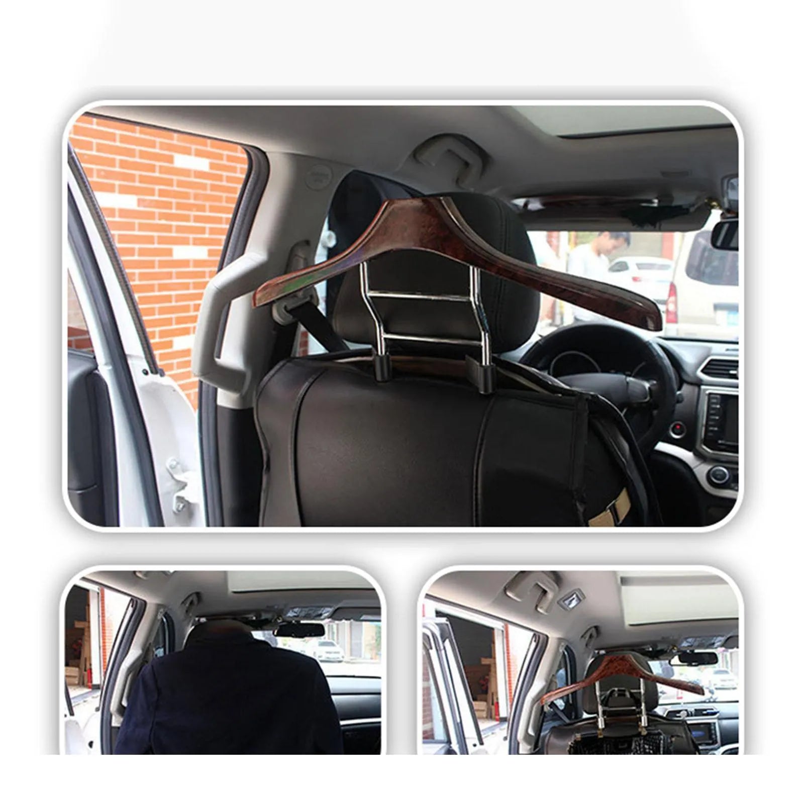 Wood yellow stainless steel car mounted clothes hanger showing dimensions of 46.5 by 23 centimetres