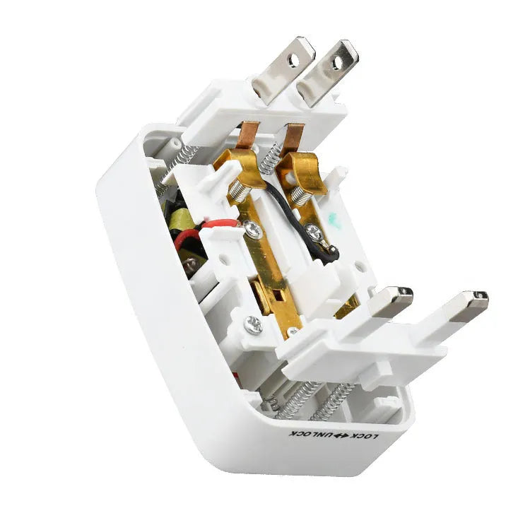 White universal travel plug adapter with two USB ports and flat-top socket showing AU, EU, US, UK plug compatibility