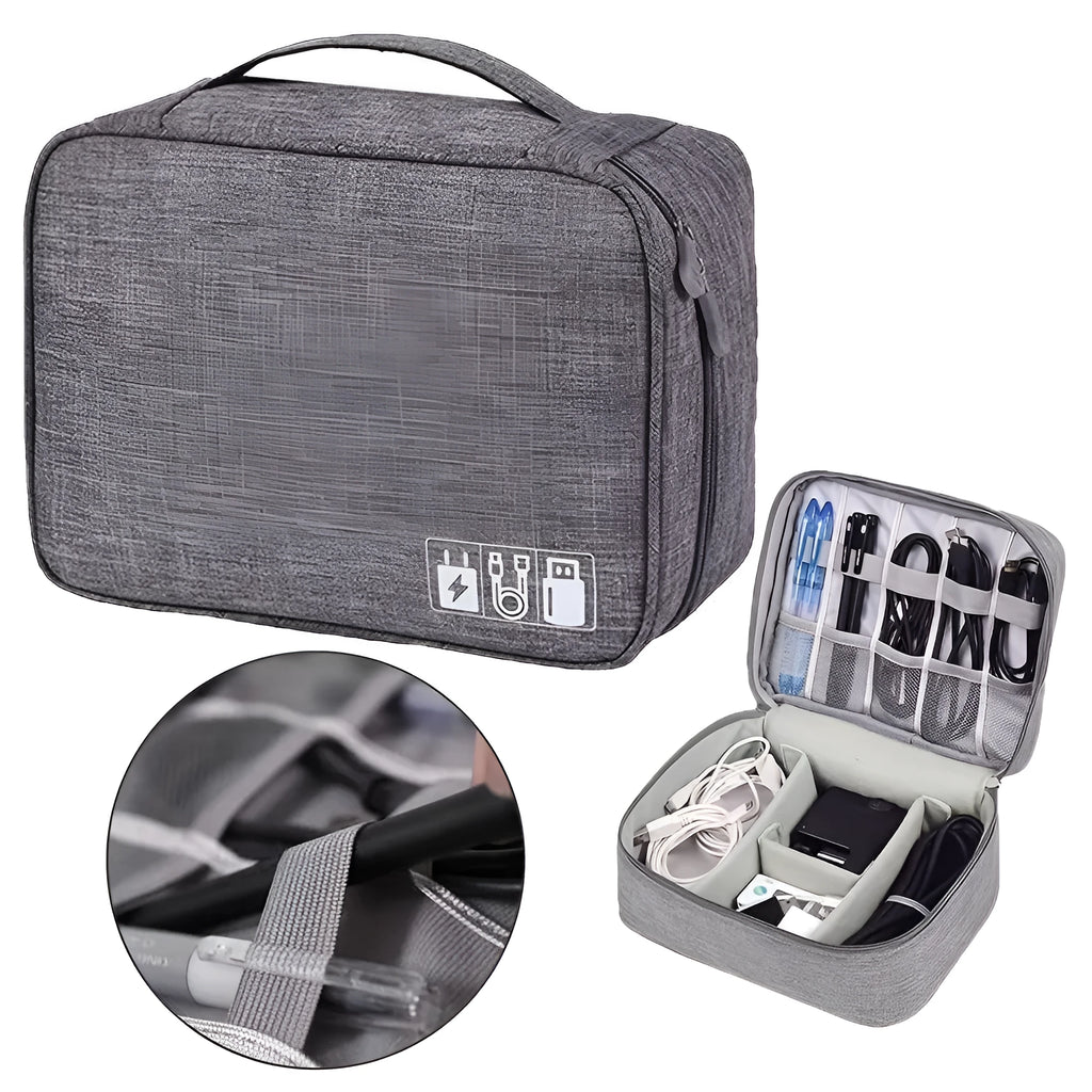 Black or grey waterproof travel cable organiser bag open to show mesh pockets and removable padded dividers.