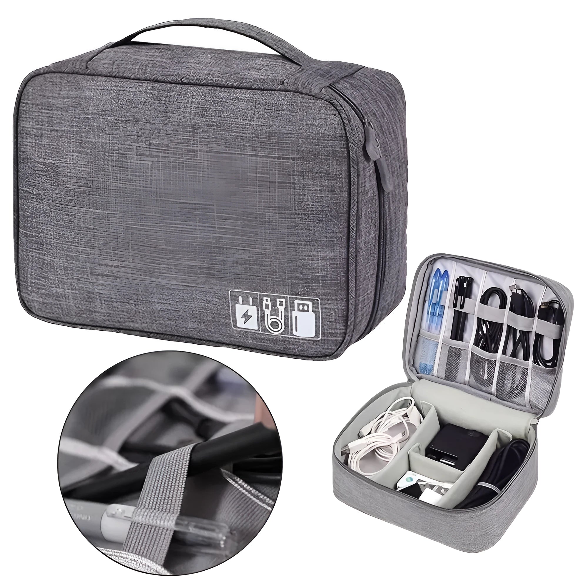 Black or grey waterproof travel cable organiser bag open to show mesh pockets and removable padded dividers.