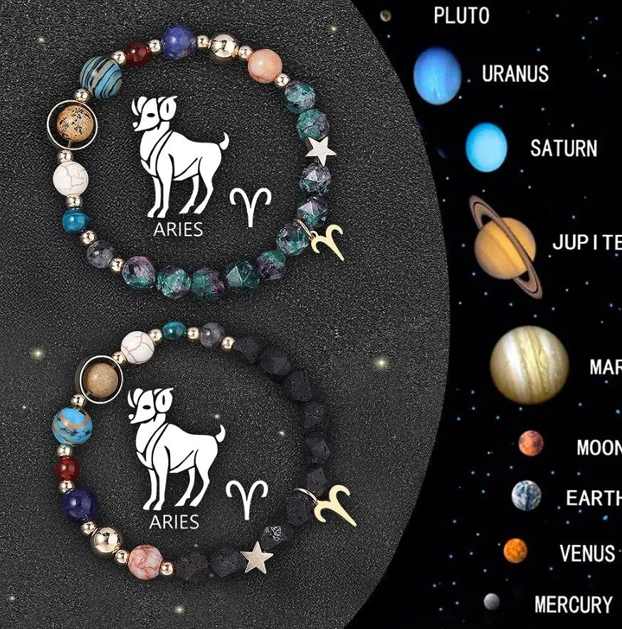 Set of two natural stone beaded bracelets showing different zodiac sign designs.