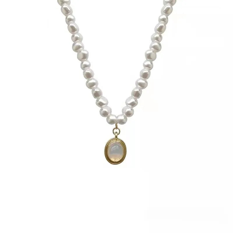 French Court vintage pearl necklace with geometric alloy design and adjustable 21-50cm length