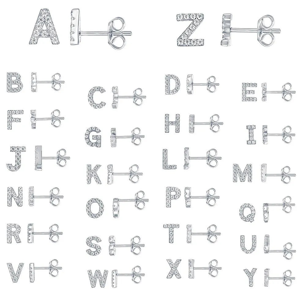 Brass gold plated alphabet letter earrings showing single English letter design with zircon stones