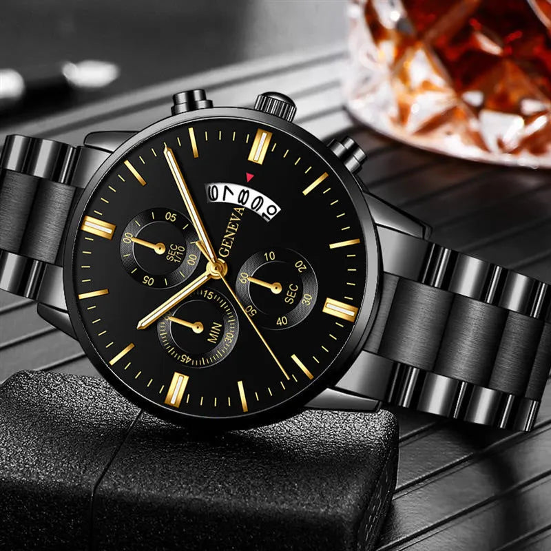 Men's calendar steel belt large dial quartz watch 40mm alloy case mineral glass silver black bracelet