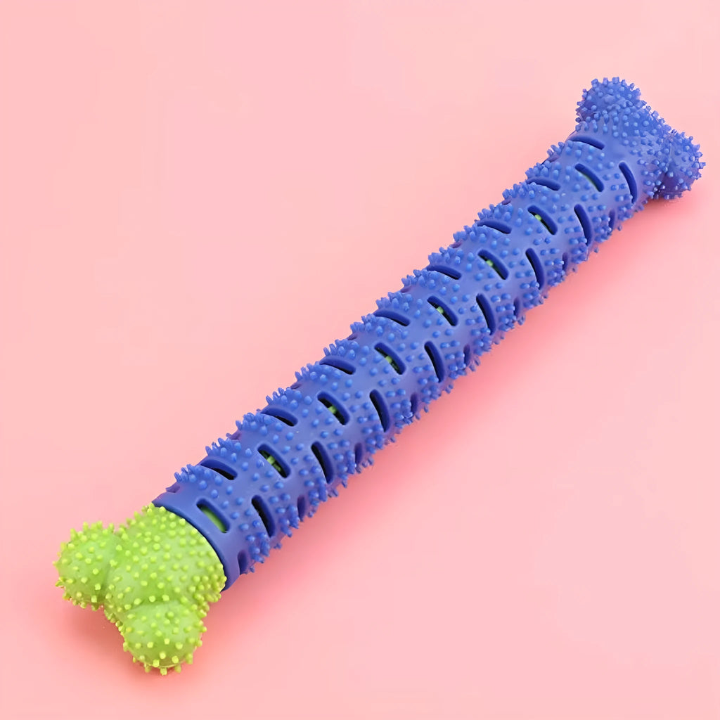 Blue green 25cm dog dental cleaning toy with silicone brush head and textured chewing surface
