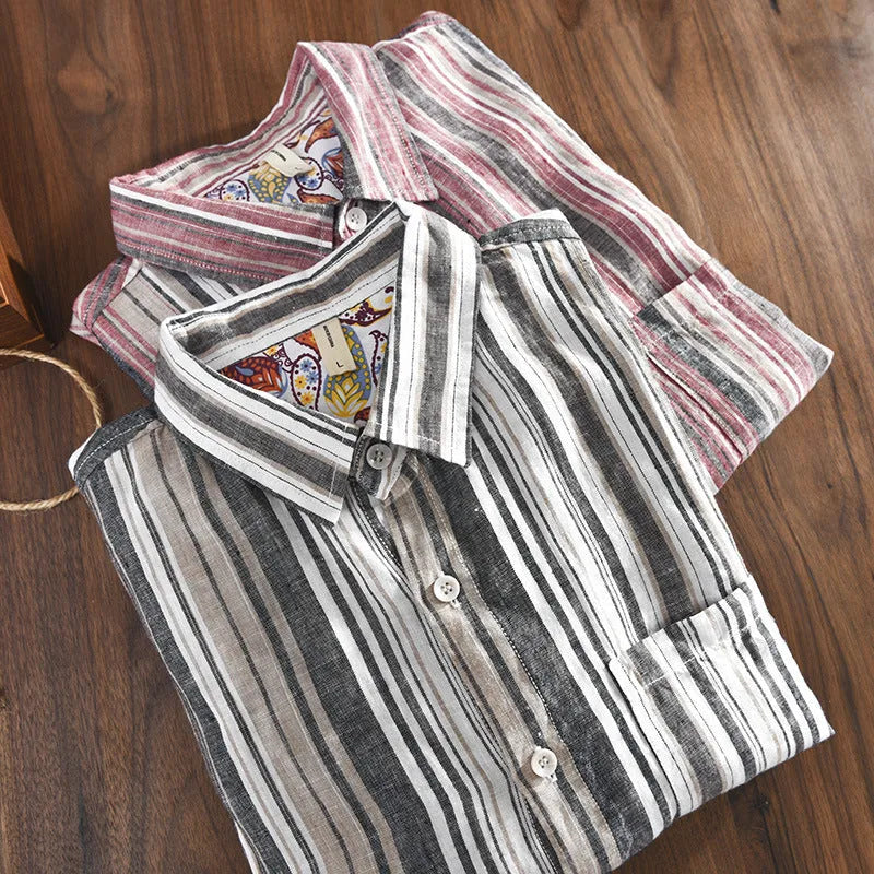 Men's striped linen shirt in red or gray with long sleeves and loose fit