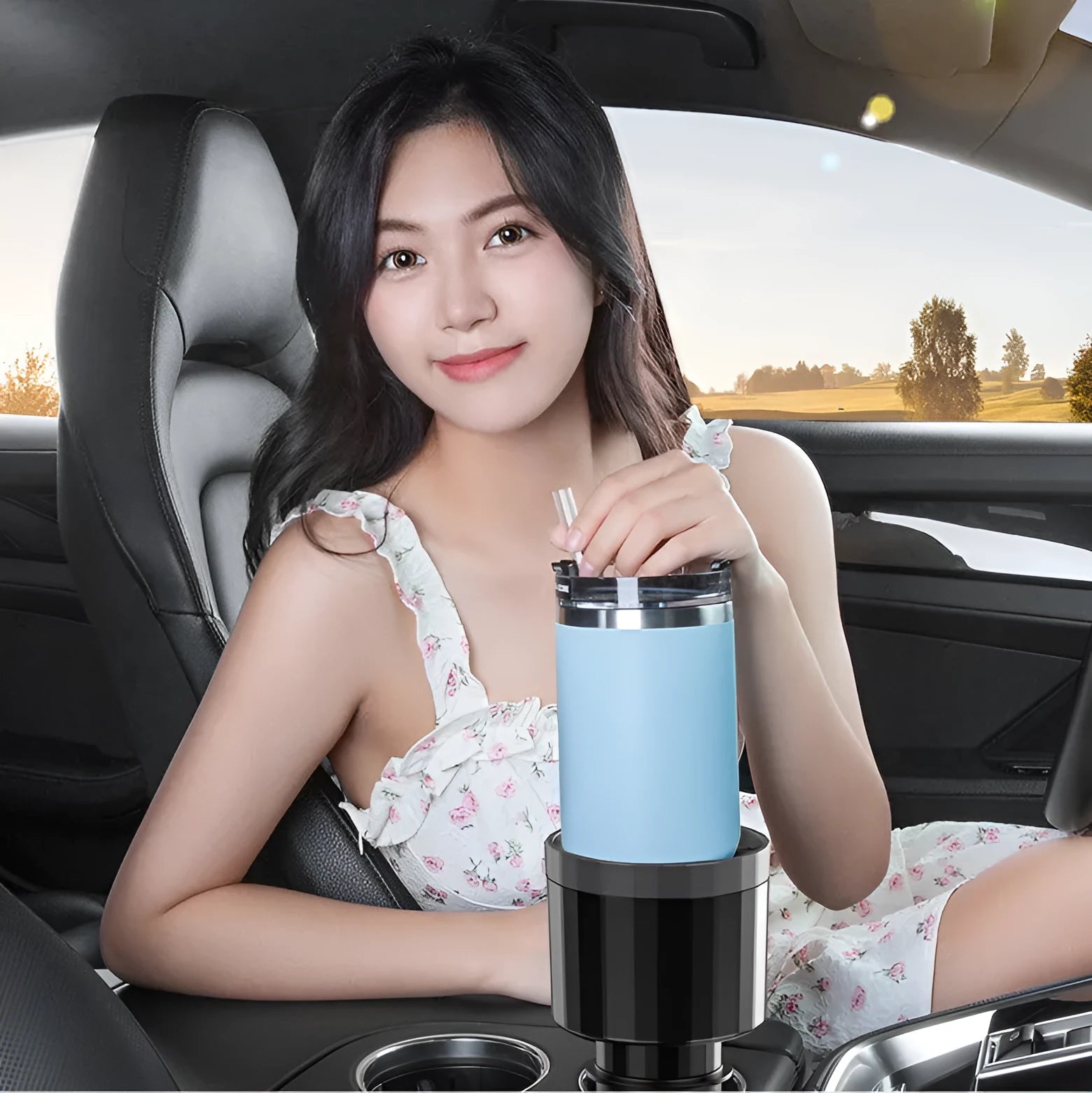 Matte black adjustable car cup holder expander for oversized drink bottles and thermoses