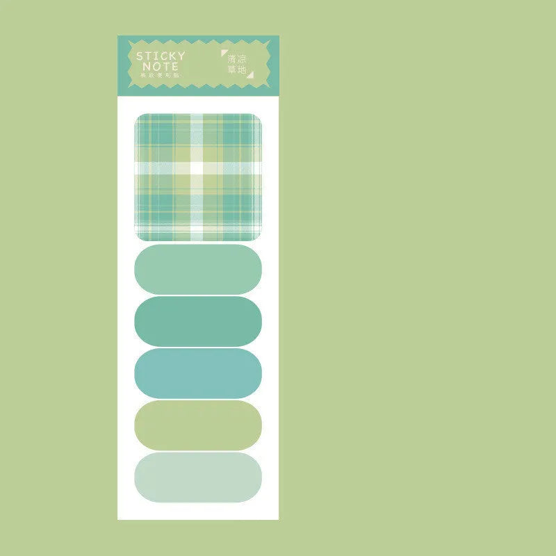 Colourful memo pad sticky notes set showing six plaid designs with 67mm x 200mm sizing