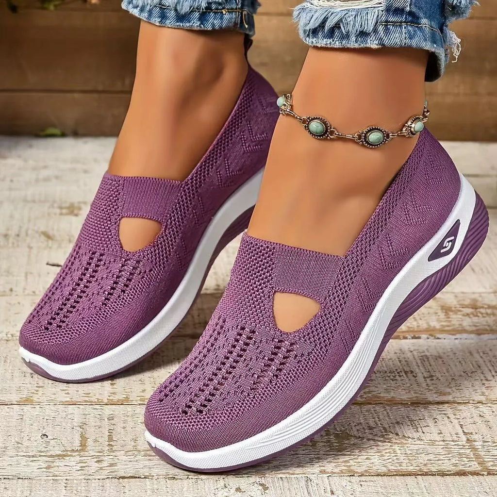 Women's casual flat shoes with mesh upper and T-strap in multiple colours