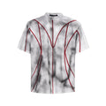 Padded shoulder short sleeve T-shirt with textured line patchwork detailing on round neck