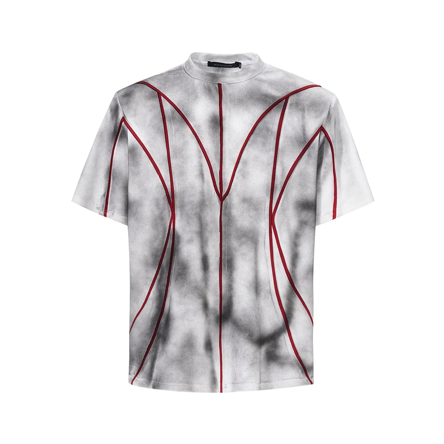 Padded shoulder short sleeve T-shirt with textured line patchwork detailing on round neck