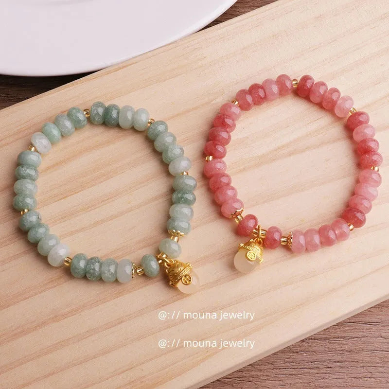 Women's retro strawberry quartz lucky cat bracelet in gray jade colour with animal motif