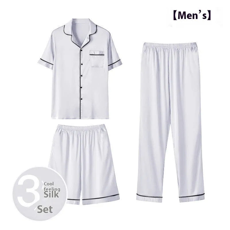Men's ice silk three-piece home wear set with top, shorts, and trousers in multiple colours