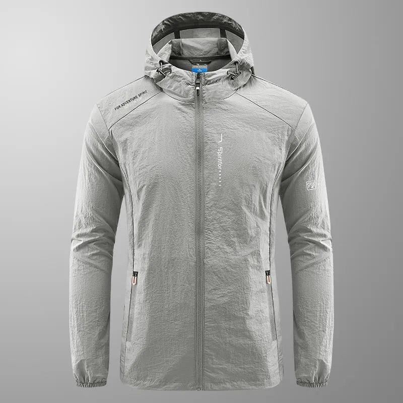 Men's lightweight nylon hooded summer jacket in loose fitting style for outdoor sun protection