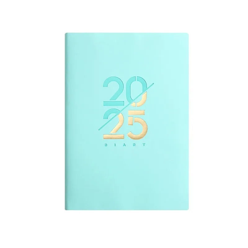 Soft faux leather A5 2025 daily plan schedule book open on Dot Grid paper.