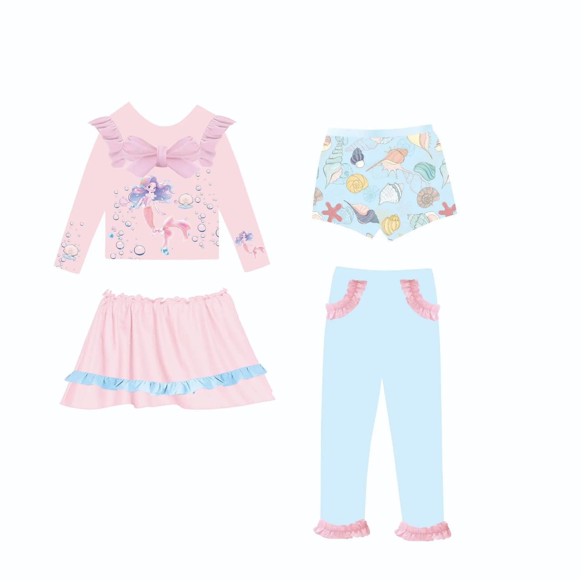 Girl's mermaid swimsuit set with gilded detailing in Baby Ocean colour, showing top, skirt, trousers, and shorts.