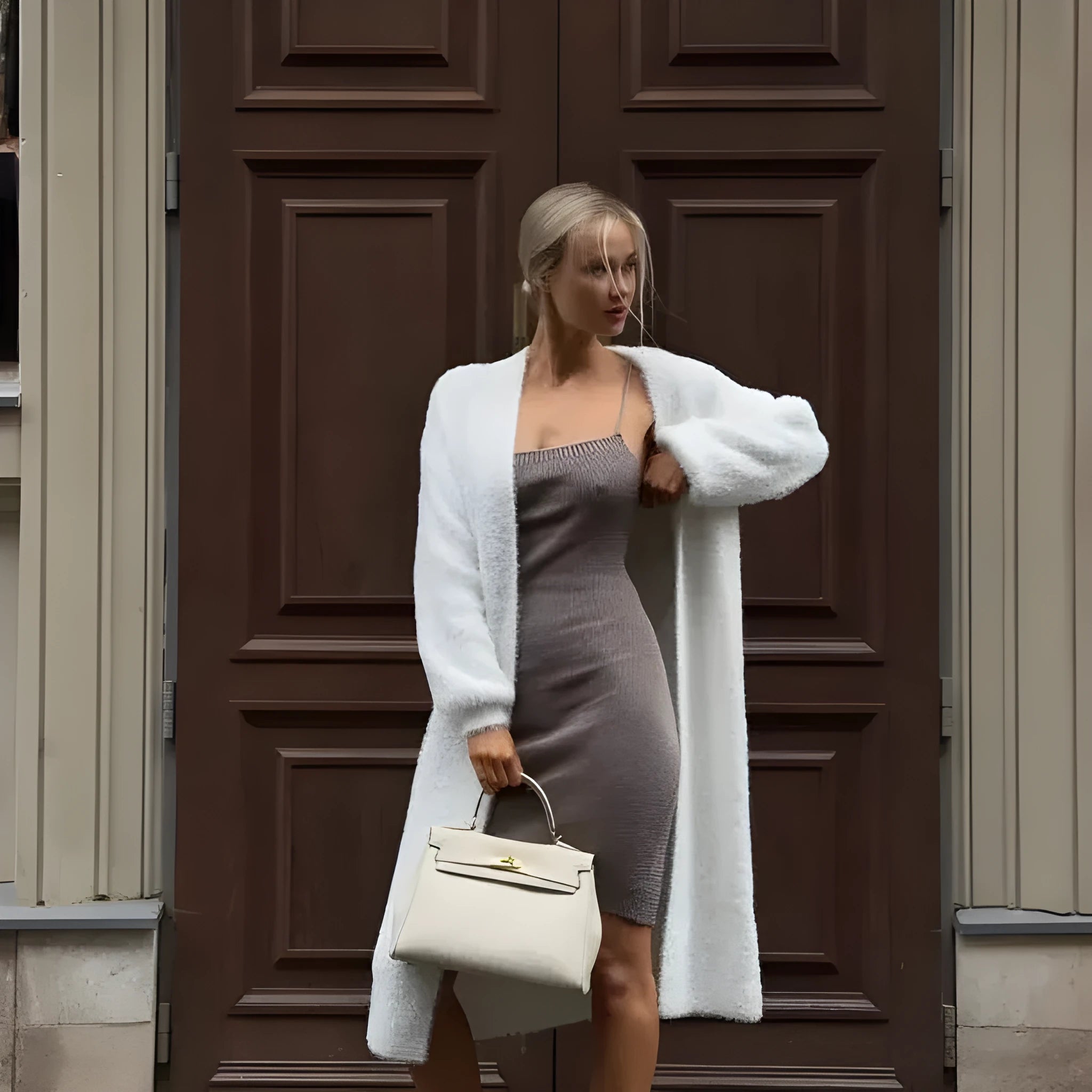 A woman wearing a long white knitted cardigan jacket with long sleeves and a loose fit.