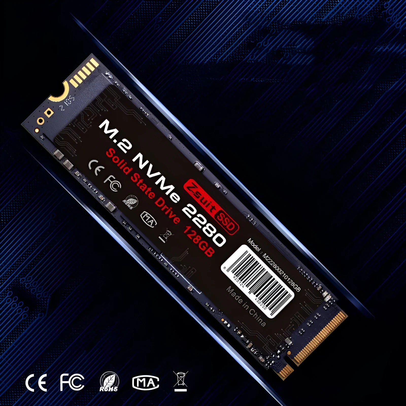 Red metal M.2 NVMe 2280 SSD 128GB with PCIe 3.0/4.0 support on white background