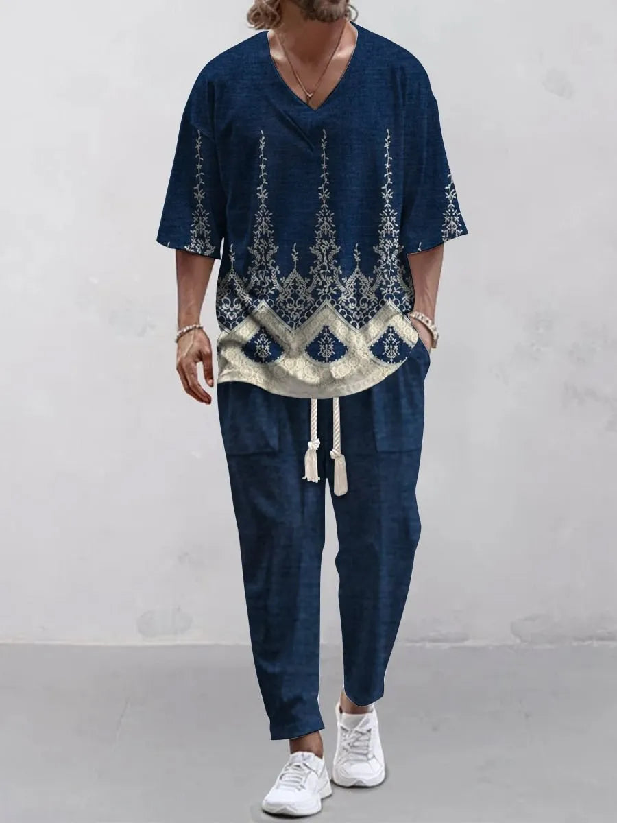 Cropped sleeve V-neck jacket and matching trousers in polyester fabric