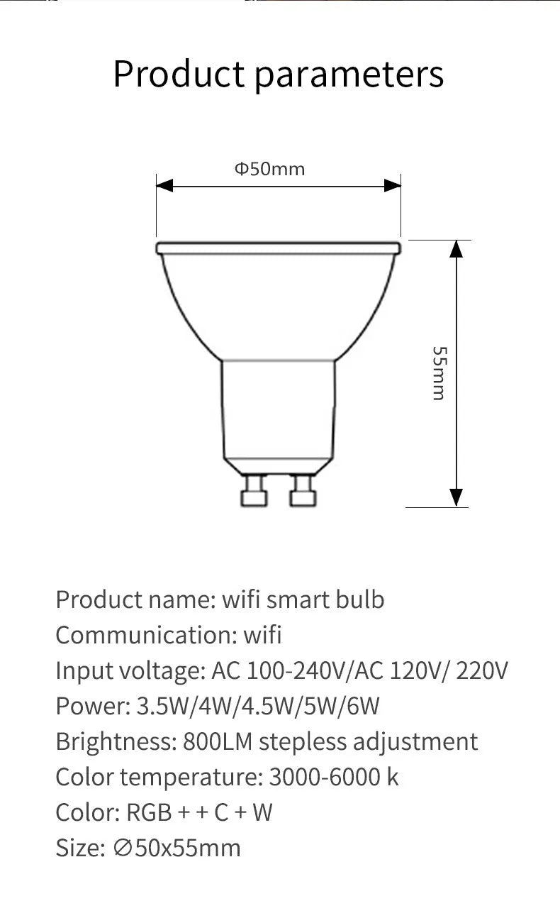 Small smart LED spotlight with GU10 base for voice-controlled RGBCCT lighting