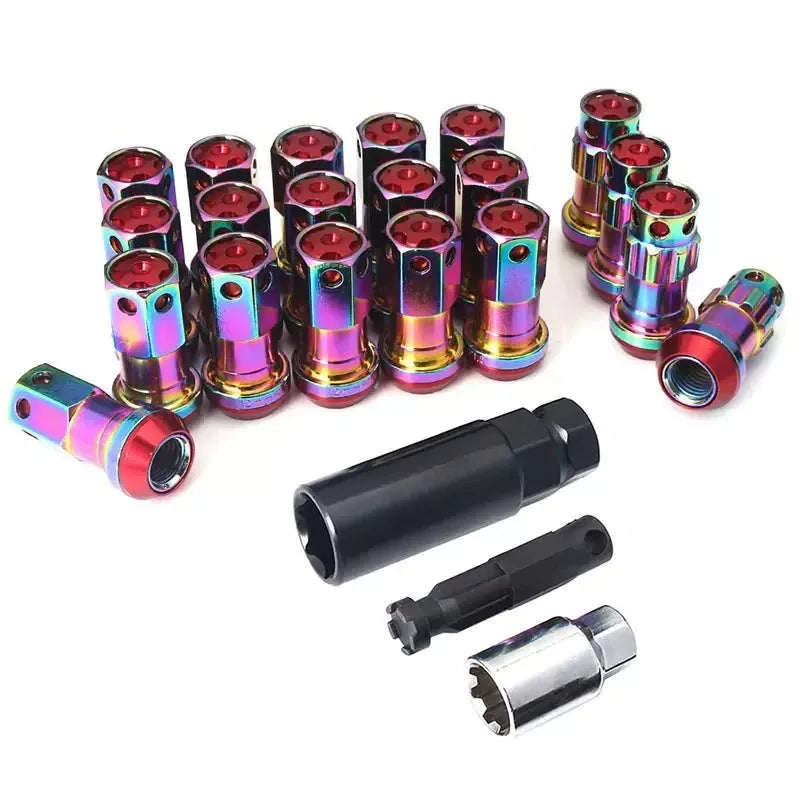 Set of flat head aluminium alloy wheel nuts in red, gold, blue, purple, and black colour variants.