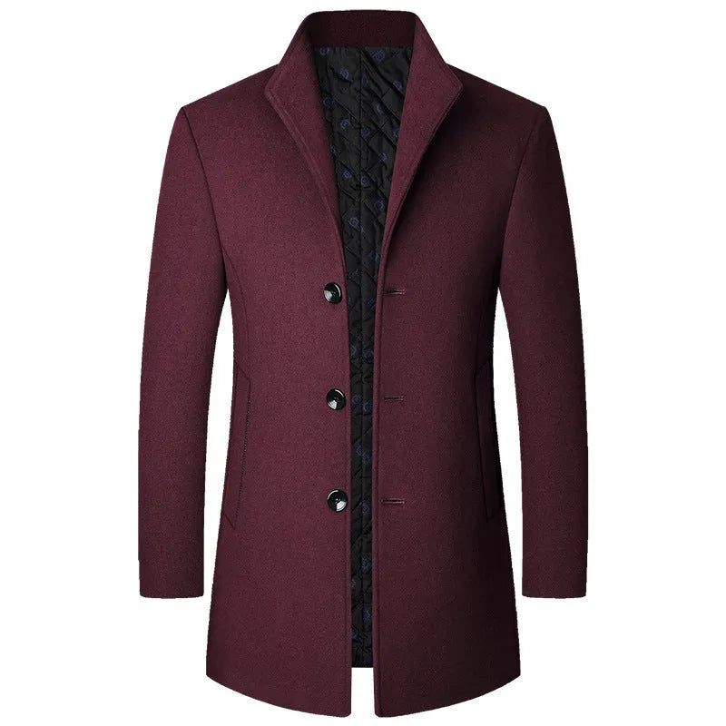 Men’s solid colour wool blend light business coat available in black, grey, wine red, coffee, blue, sizes M to XXXL