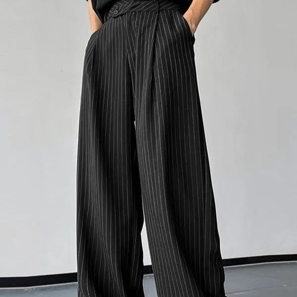 Black men's casual trousers with vertical stripes and pleated detailing