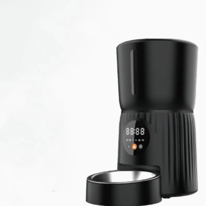 Black intelligent pet feeder with digital display and food container for automatic timed feeding