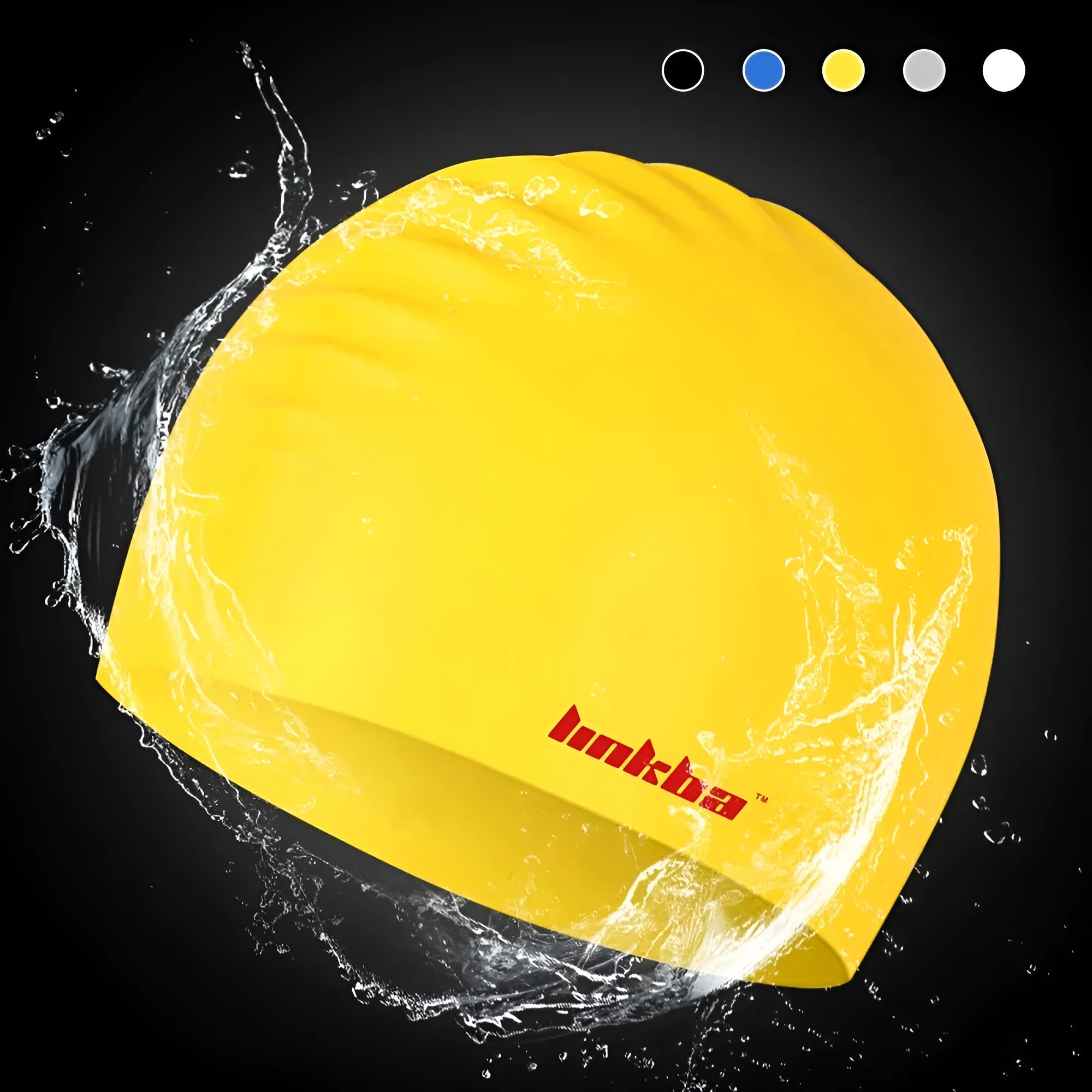 Silicone swimming cap with waterproof earmuffs in multiple colours featuring letters pattern design