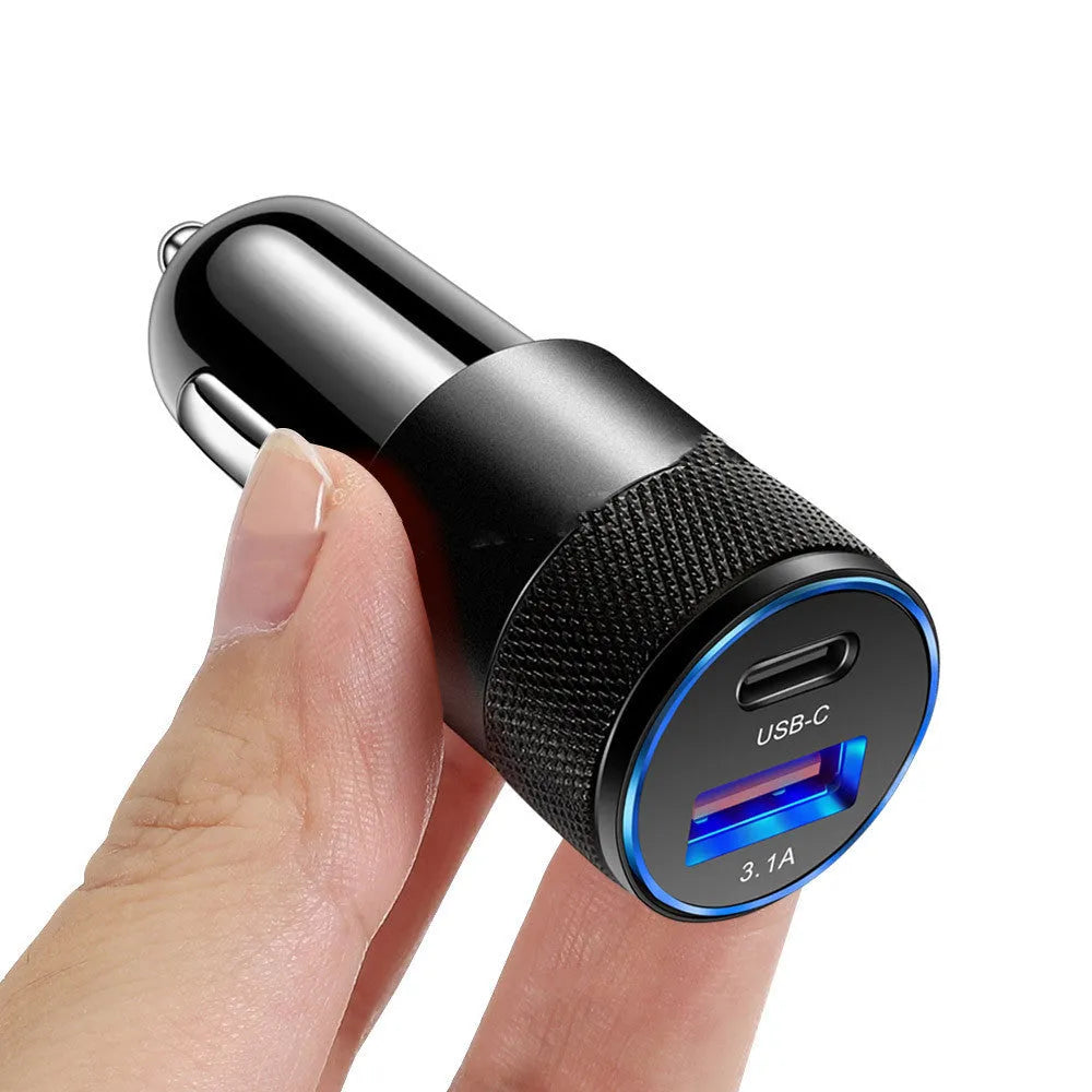 Aluminium alloy mobile phone car charger with ABS housing in black or black silver finish