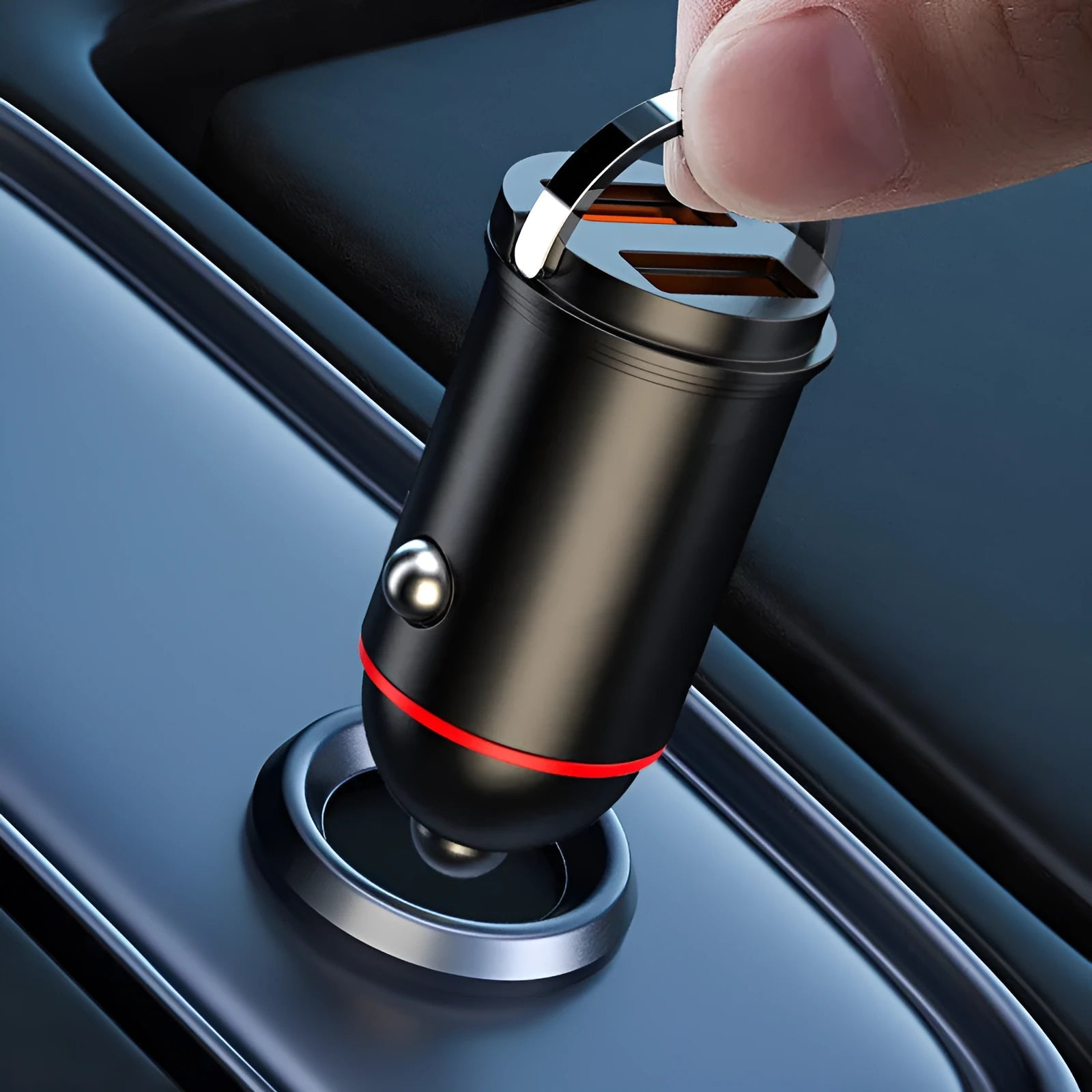Black 200W zinc alloy car charger with USB port measuring 38mm