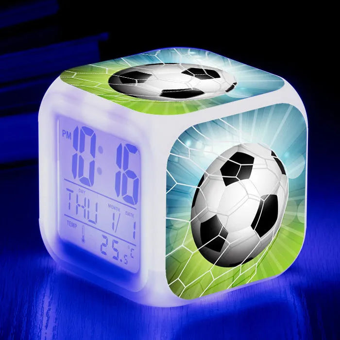 Square football pattern alarm clock with plastic shell and mute alarm function for children