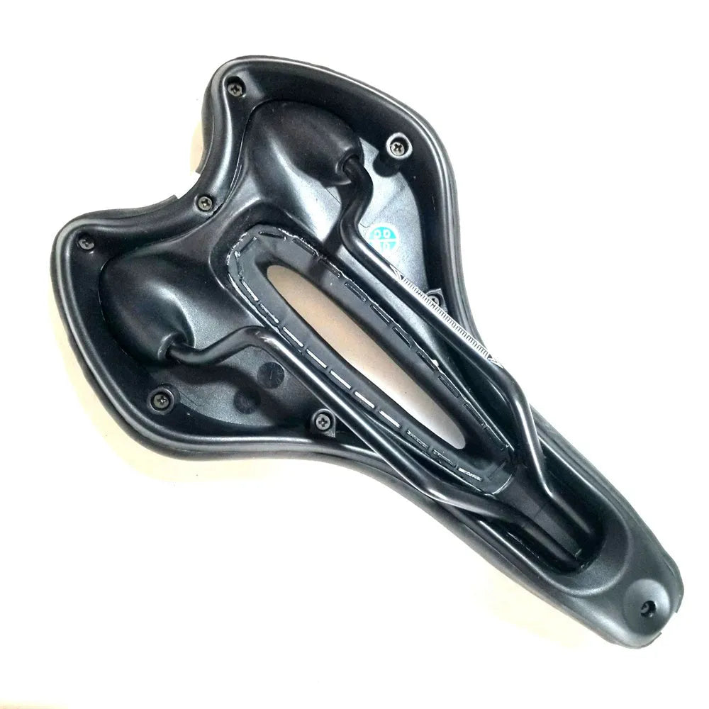 Bicycle saddle cushion with PU leather cover, shown with waterproof cover, wrench, and tire patch kit.
