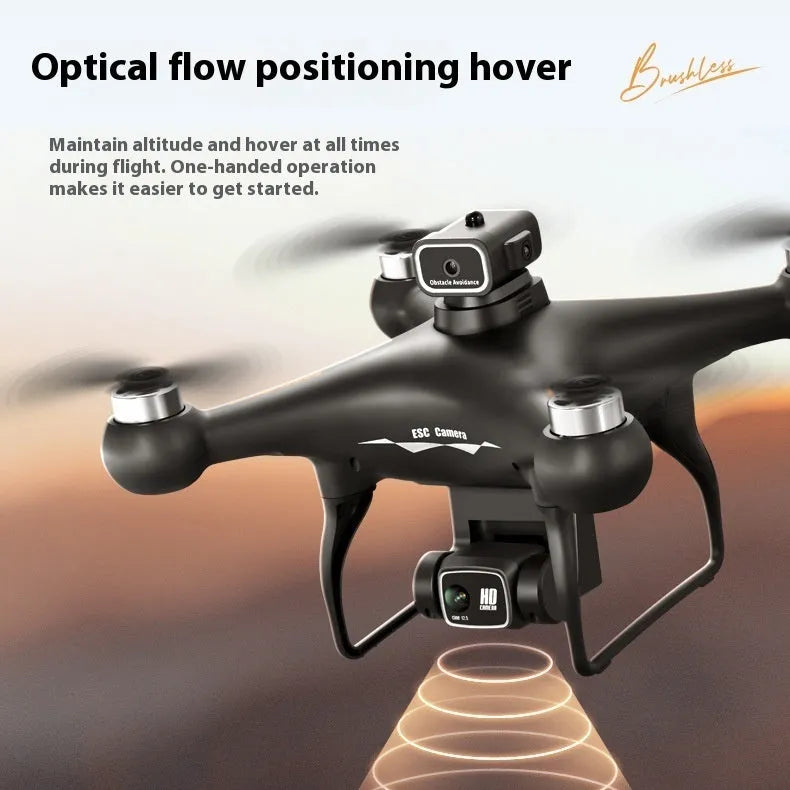 Black HD brushless UAV drone with four-side obstacle avoidance sensors and camera visible on compact plastic frame