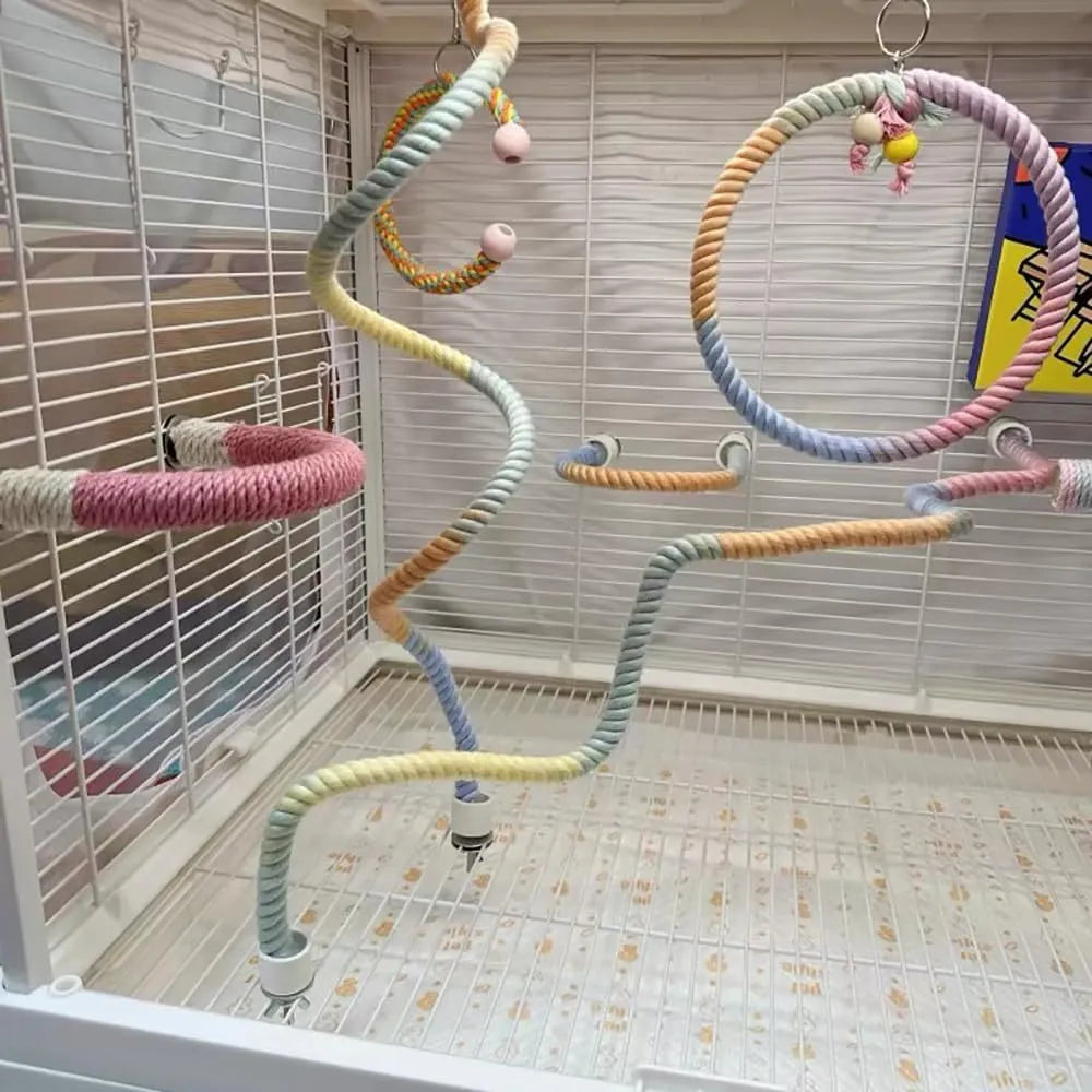 Gradient colourful bird rope perch stand with bendable shapes for small pet cage climbing and play