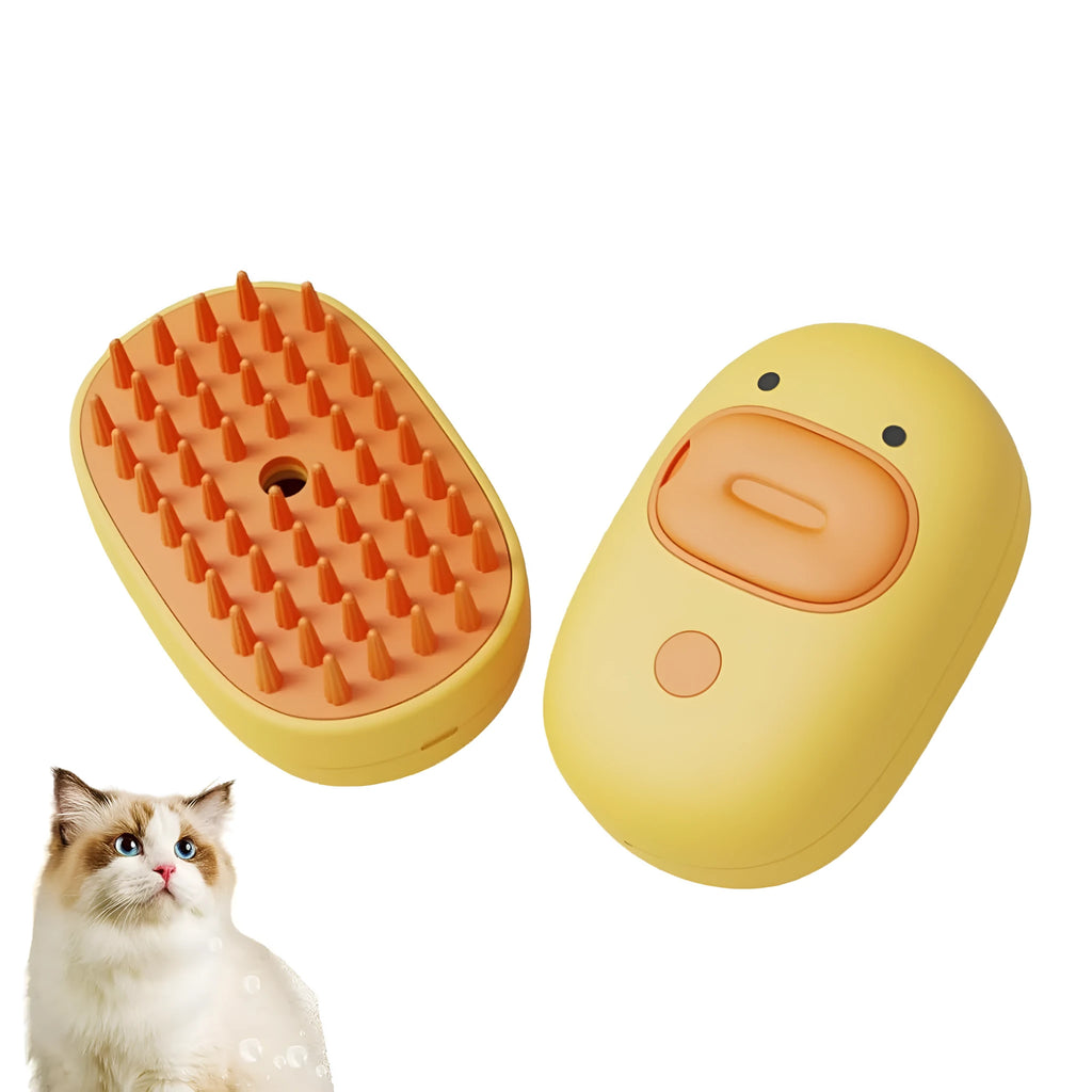 White and yellow rechargeable steam brush for grooming dogs and cats on a table.