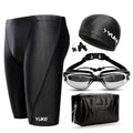 Men's black polyester swimming set with trunks, anti-fog goggles, waterproof cap, ear plugs, nose clip, and carry bag