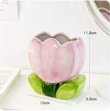 Ceramic flower pen holder storage box with floral pattern, dimensions 11.8x5.8x10 cm