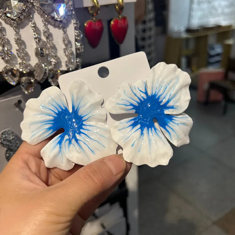 Alloy flower stud earrings with oil-spot glaze finish in blue, green, purple and rose colours