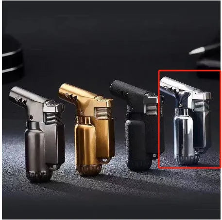 HB805-1 full metal windproof lighter in black, gold, grey, or silver finish showing punch action mechanism.