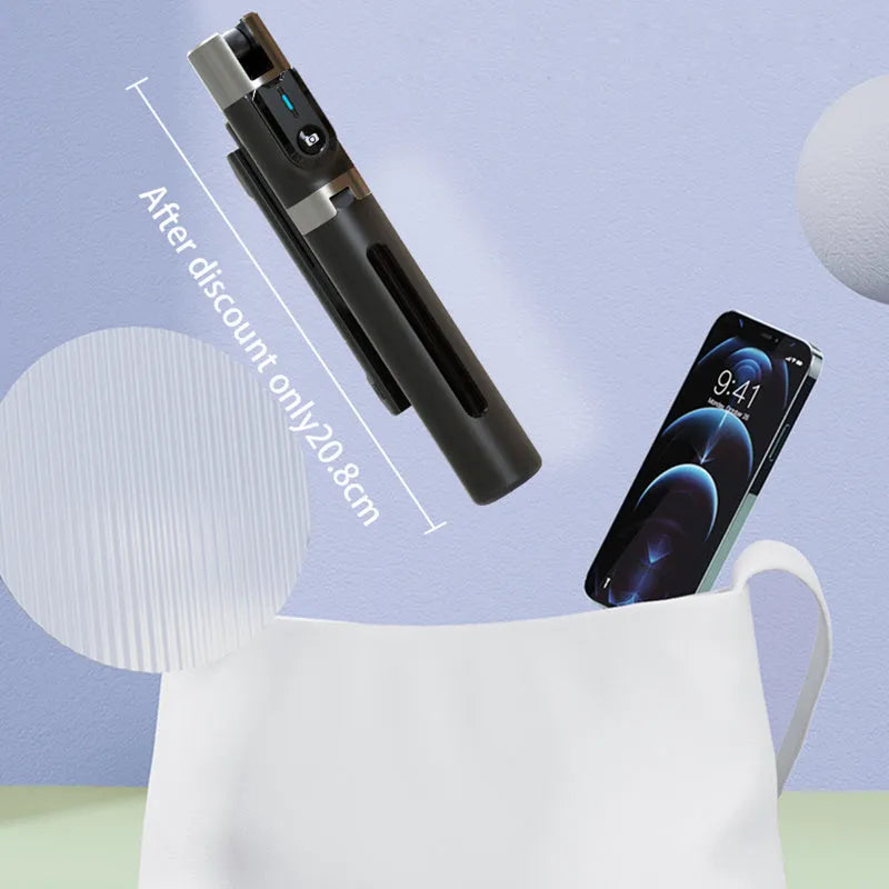 Bluetooth selfie stick with double fill light extended on desktop showing aluminium alloy arm and stand base