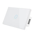 White two-gang touch light switch with tempered glass panel and blue LED indicator