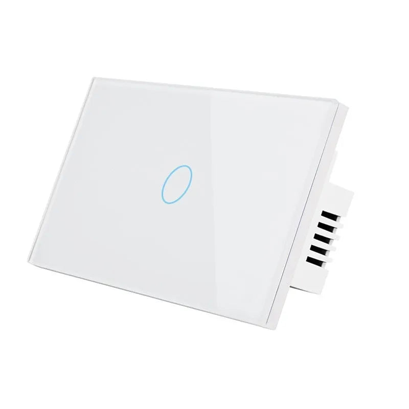 White two-gang touch light switch with tempered glass panel and blue LED indicator