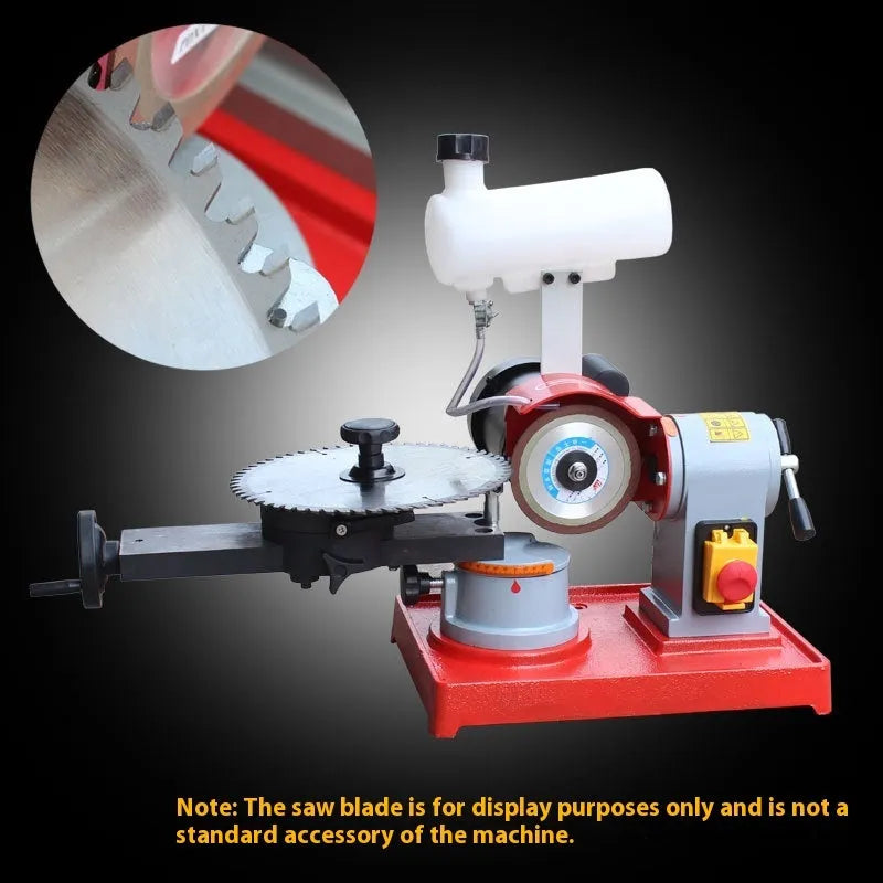 Xiao Mo Wang manual gear grinding machine for sharpening alloy circular saw blades on a workbench.