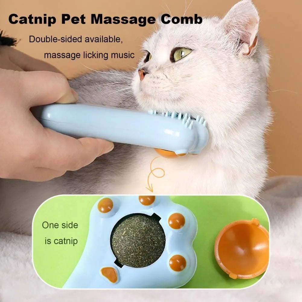 Blue cartoon design dual-purpose cat grooming brush and dental toy with catnip on a white background.