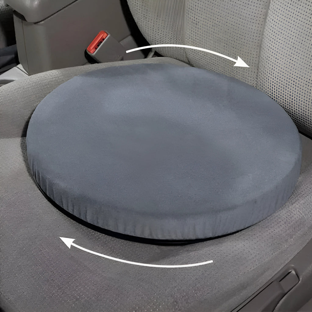 Round car seat cushion with 360-degree rotation on a non-slip base.