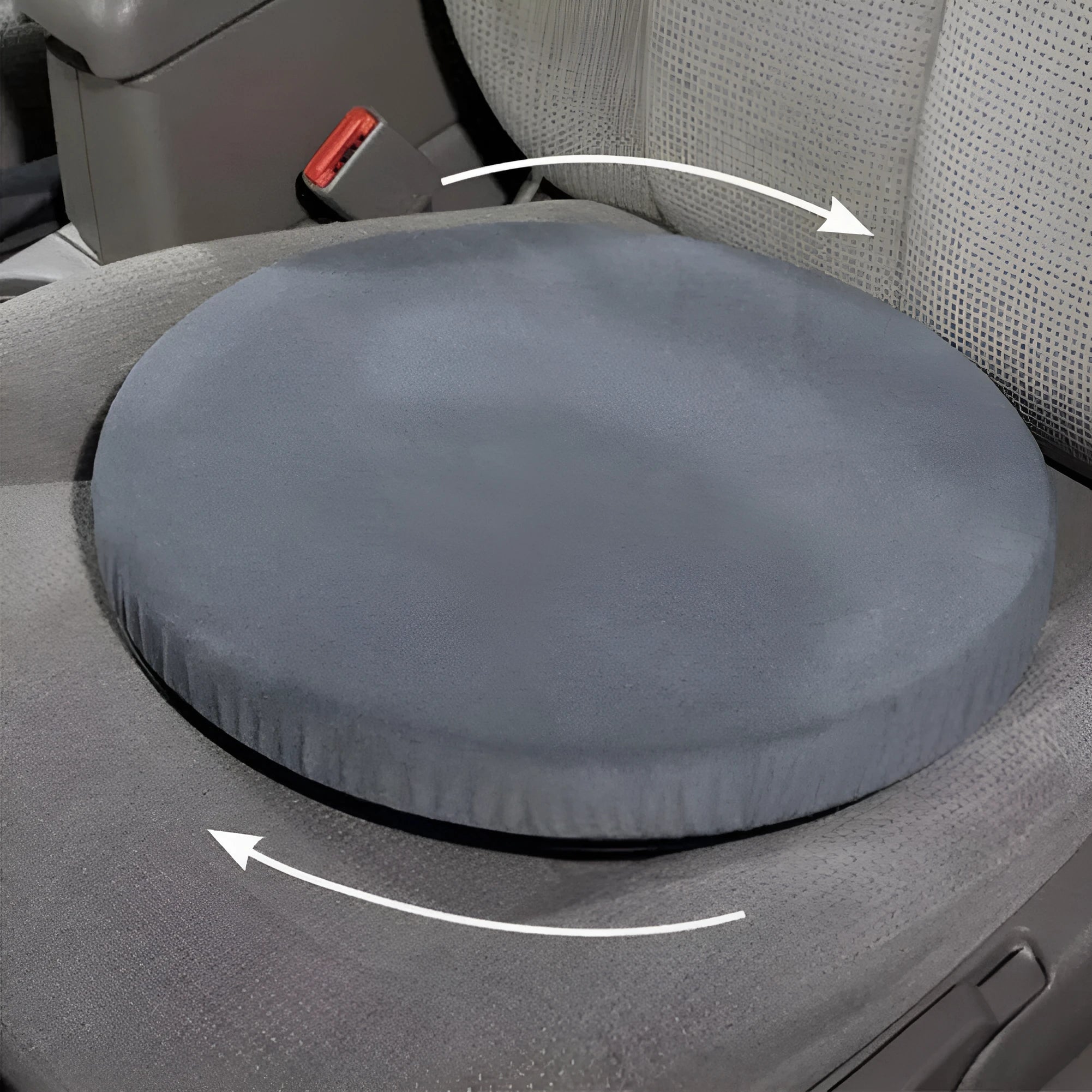 Round car seat cushion with 360-degree rotation on a non-slip base.
